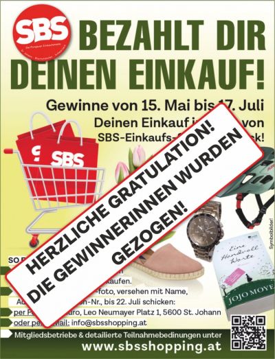 Heute Früh fand die Verlosung vom großen SBS-Gewinnspiel statt. SBS BEZAHLT DIR DEINEN EINKAUF!
Gewonnen haben:
- Fr. Helga Schöberl aus Schwarzach. 150...