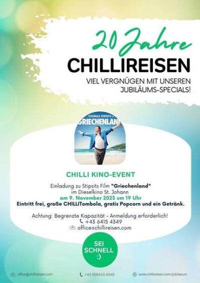 Chilli Reisen wird 20 Jahre und wartet mit tollen Aktivitäten auf Dich!
Wir gratulieren herzlichst!       ...